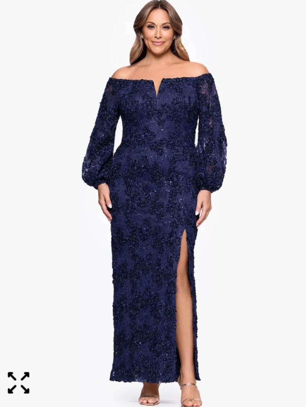 Xscape Navy Off-Shoulder Sequin Lace Gown with Long Sleeves